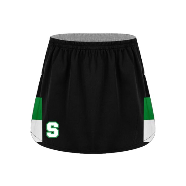Womens Lacrosse/Field Hockey Full Dye Sub Reversible Kilt. black-front.