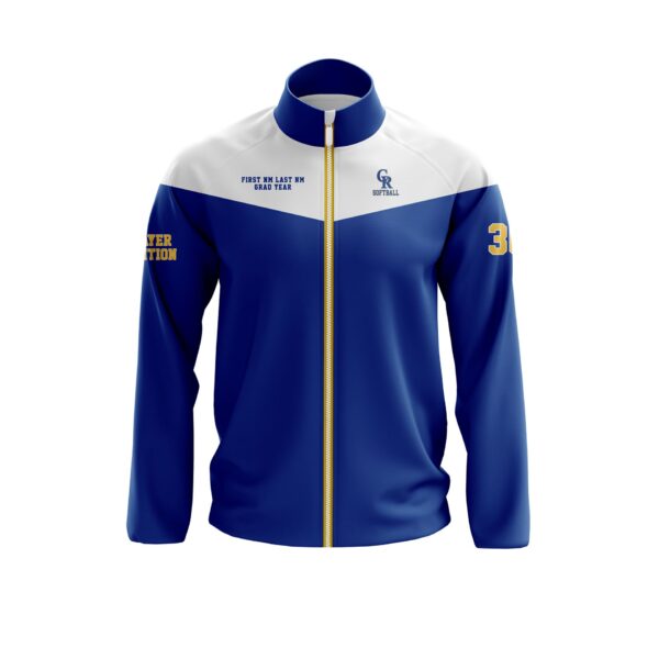 Full Dye Sub Full Zip Warmup Jacket with Caped Back. Front