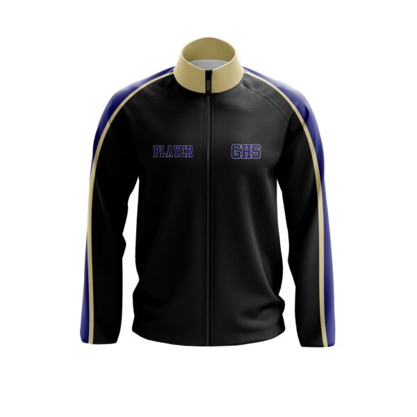 Full Zipper Woven Microfiber Warmup Jacket with Caped Back. front