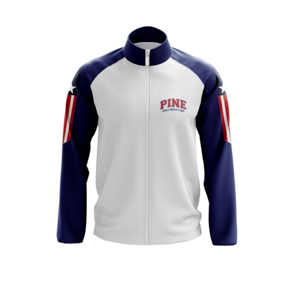 Full Zipper Woven Microfiber Warmup Jacket with Caped Back. front