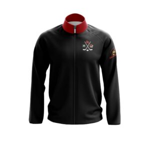 Full Dye Sub Full Zipper Woven Microfiber Warmup Jacket with Caped Back. front